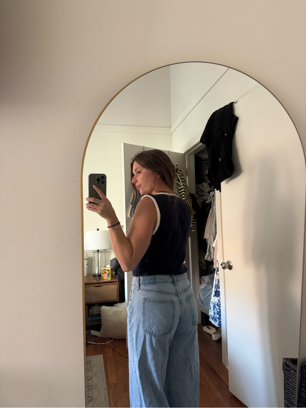 Navy Button-Up Ribbed Crop Top with White Trim - Picture 2 of 6